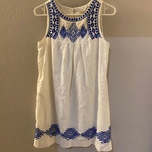 J Crew White and Blue Embroidered Linen Mini Dress